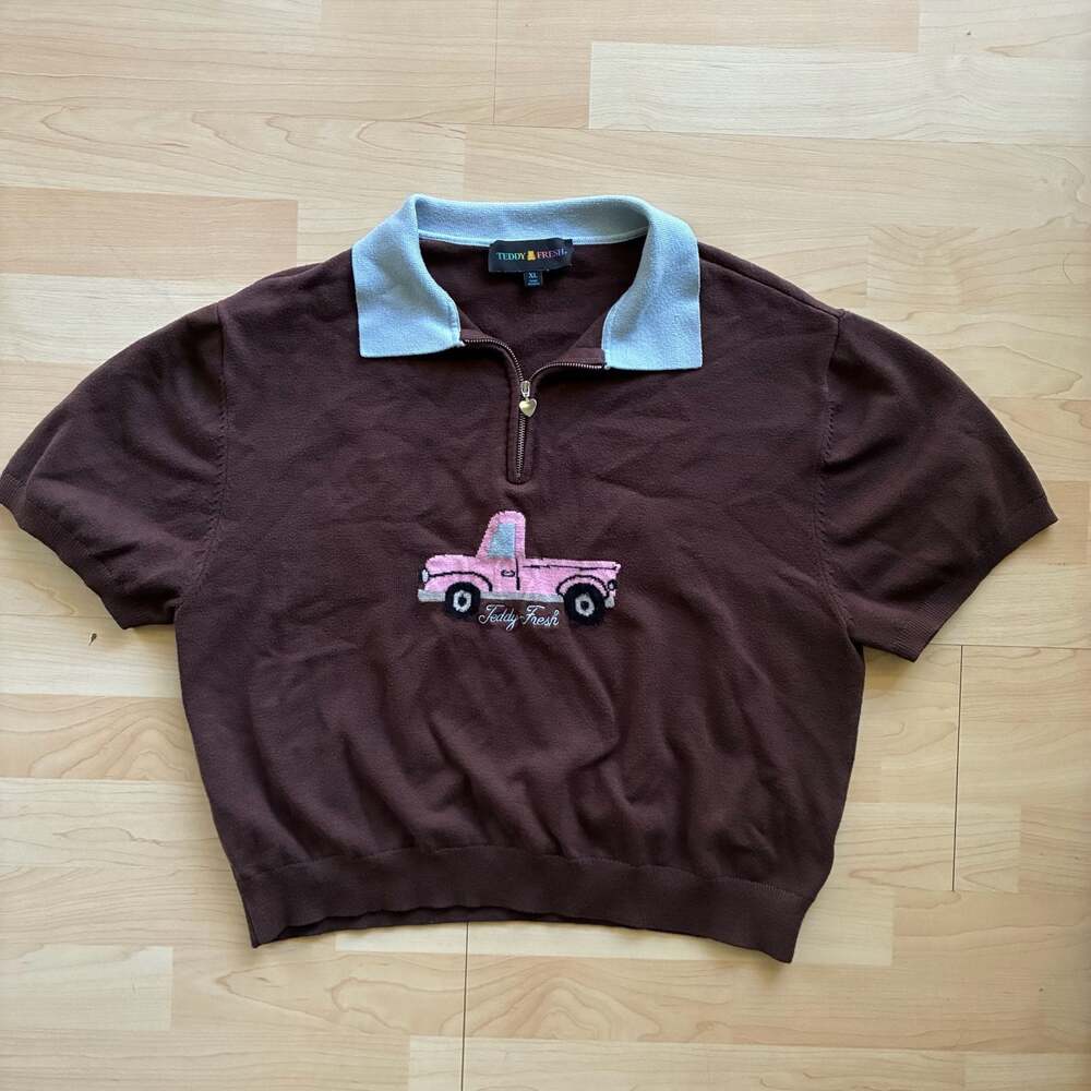 Teddy Fresh Women's Brown Knit Short Sleeve Zip Polo with Pink Truck